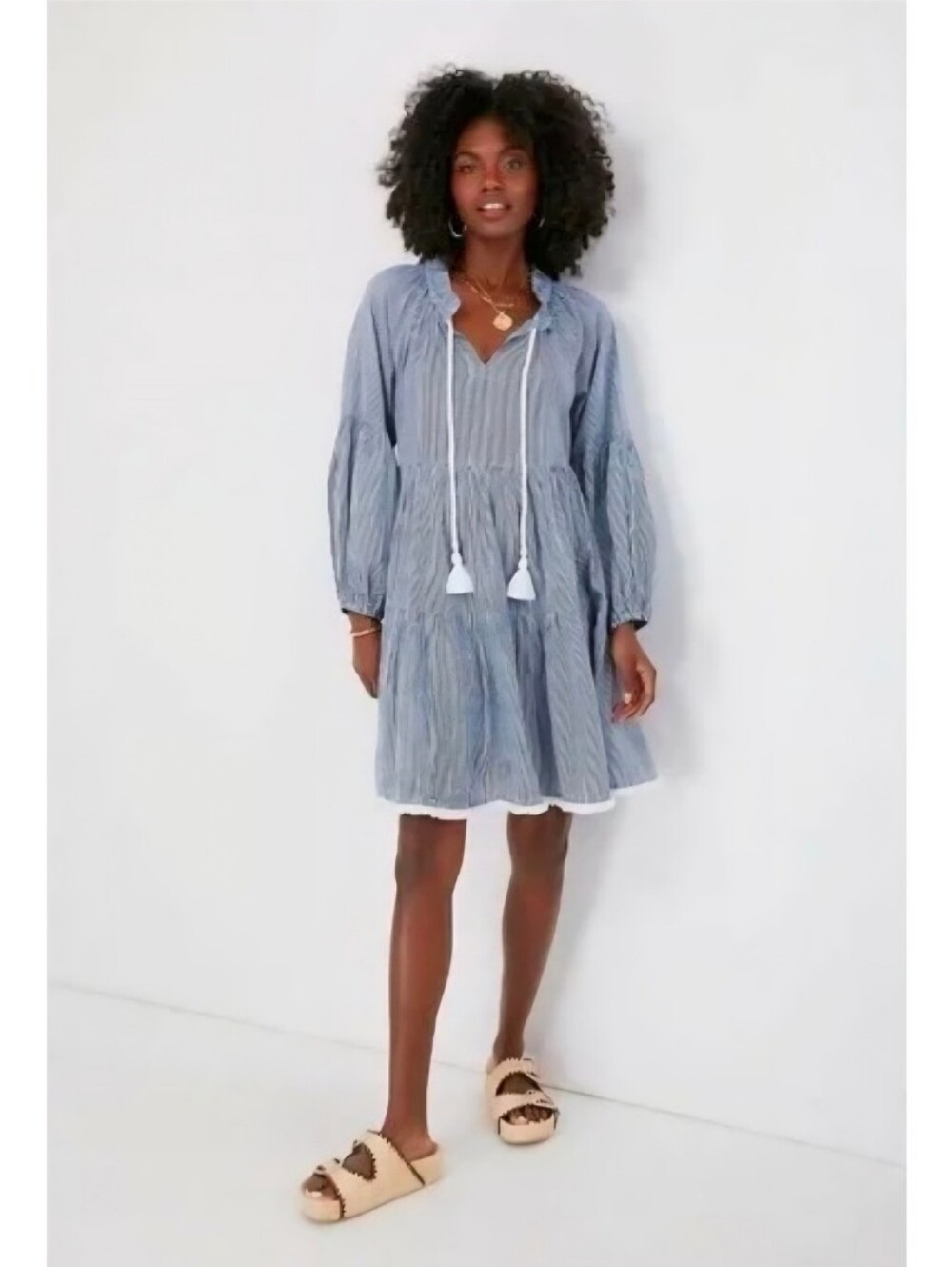 Tuckernuck Nautical Navy Blue & White Striped Tassel Tie Neck Coverup Dress